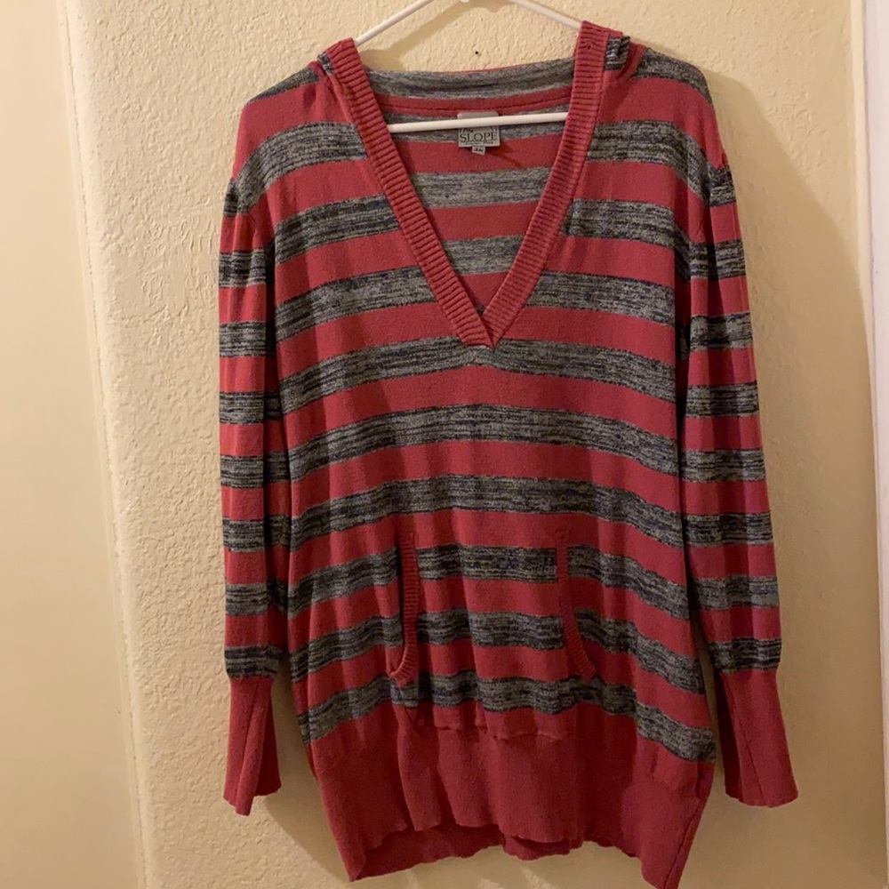 Pink and Grey Hooded V-Neck Striped Sweater